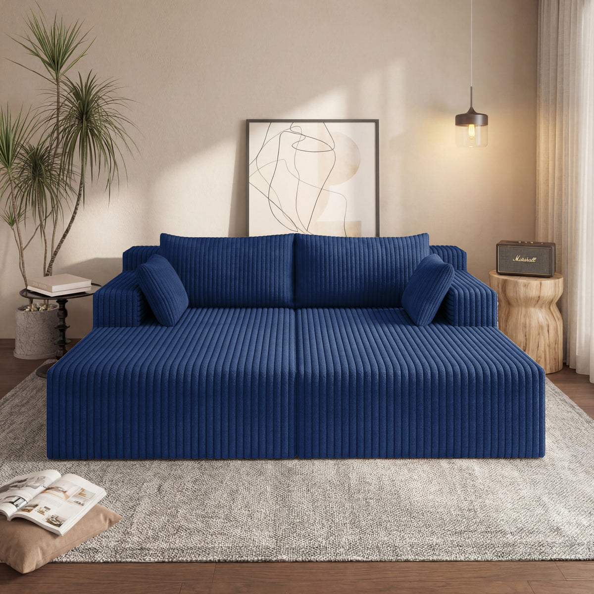Blue Corduroy Modular Sectional Couch with Chaise, 96 in Wide