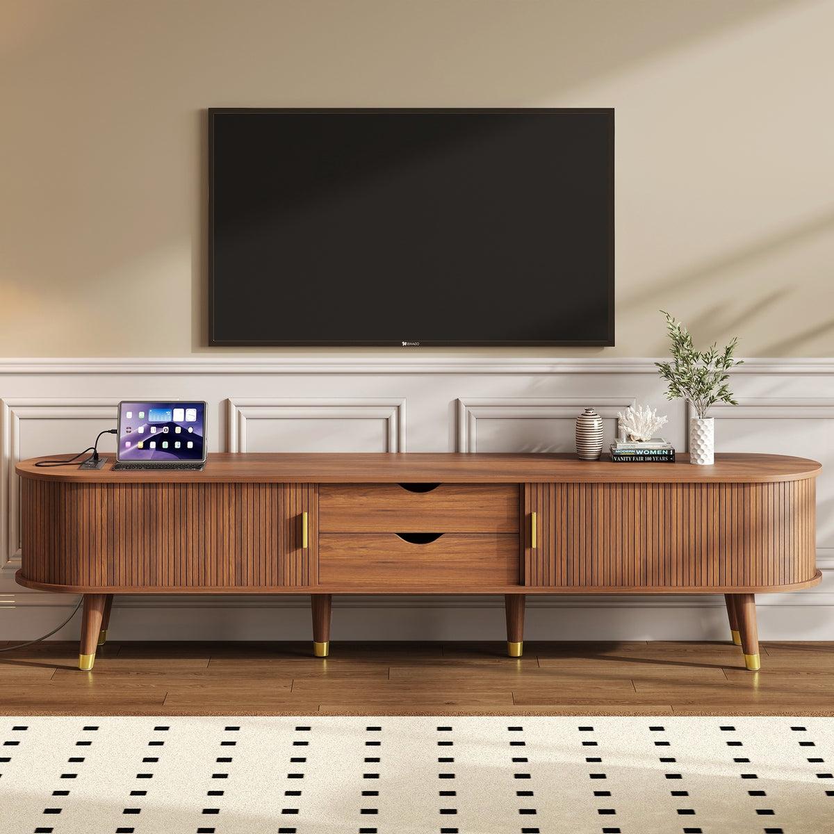Walnut Fluted TV Stand for TVs up to 80 in, 74.8 in Wide