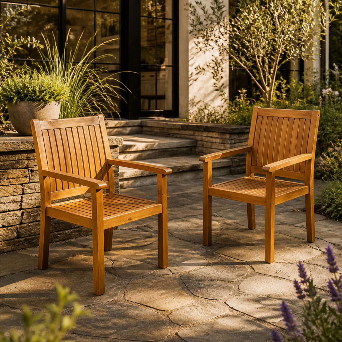 Teak Finish Solid Wood Outdoor Dining Chair, Set of 2, 35.5 in Tall