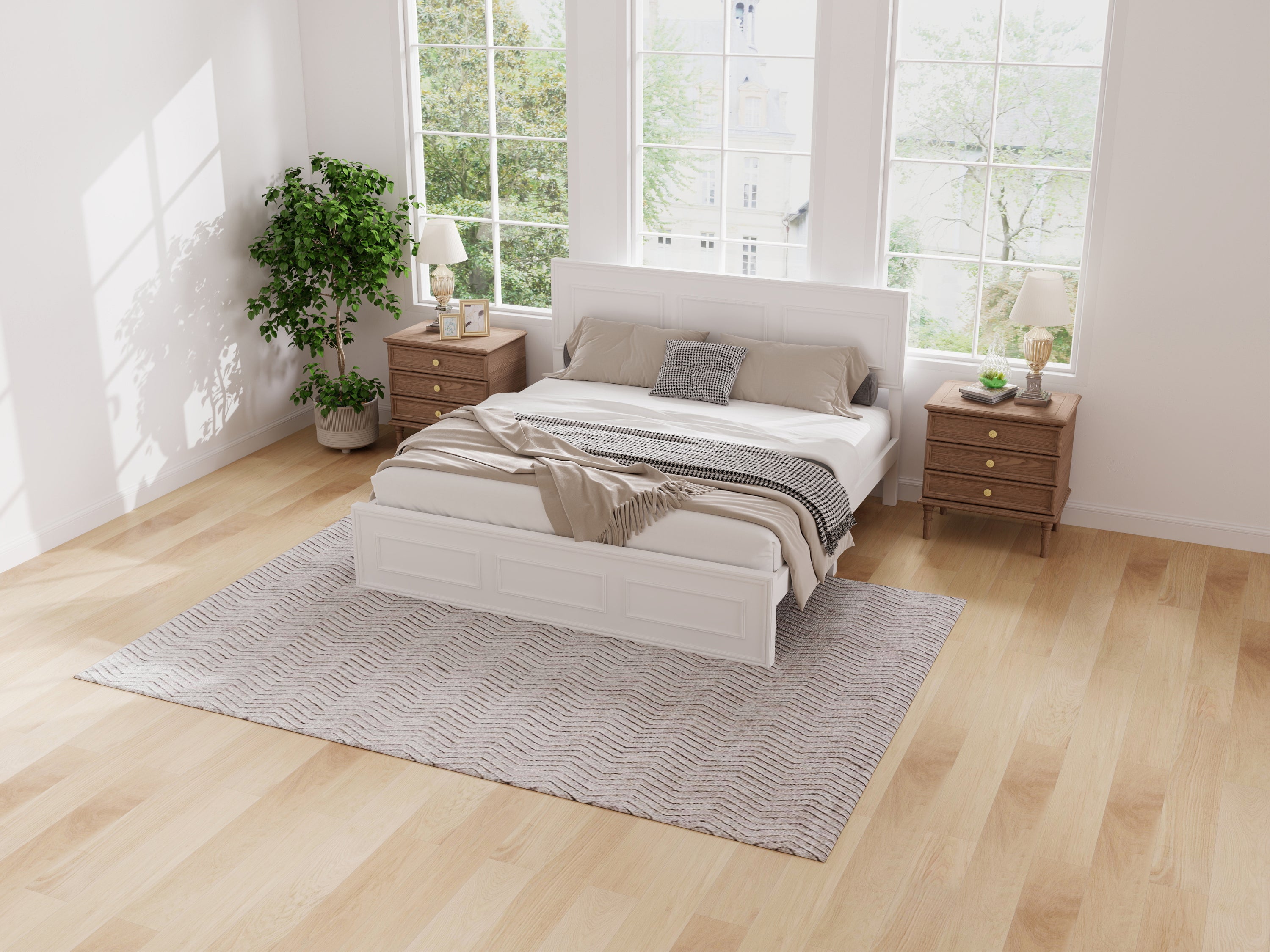 High-angle view of the white queen bed frame with panel headboard and footboard on a woven rug #Color_White