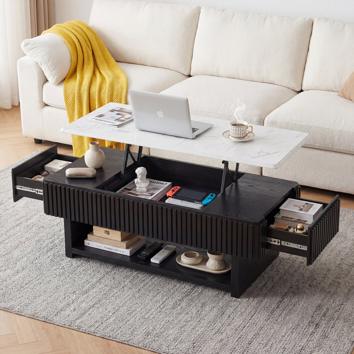 Black Rectangular Fluted Lift-Top Coffee Table, 47.2 in
