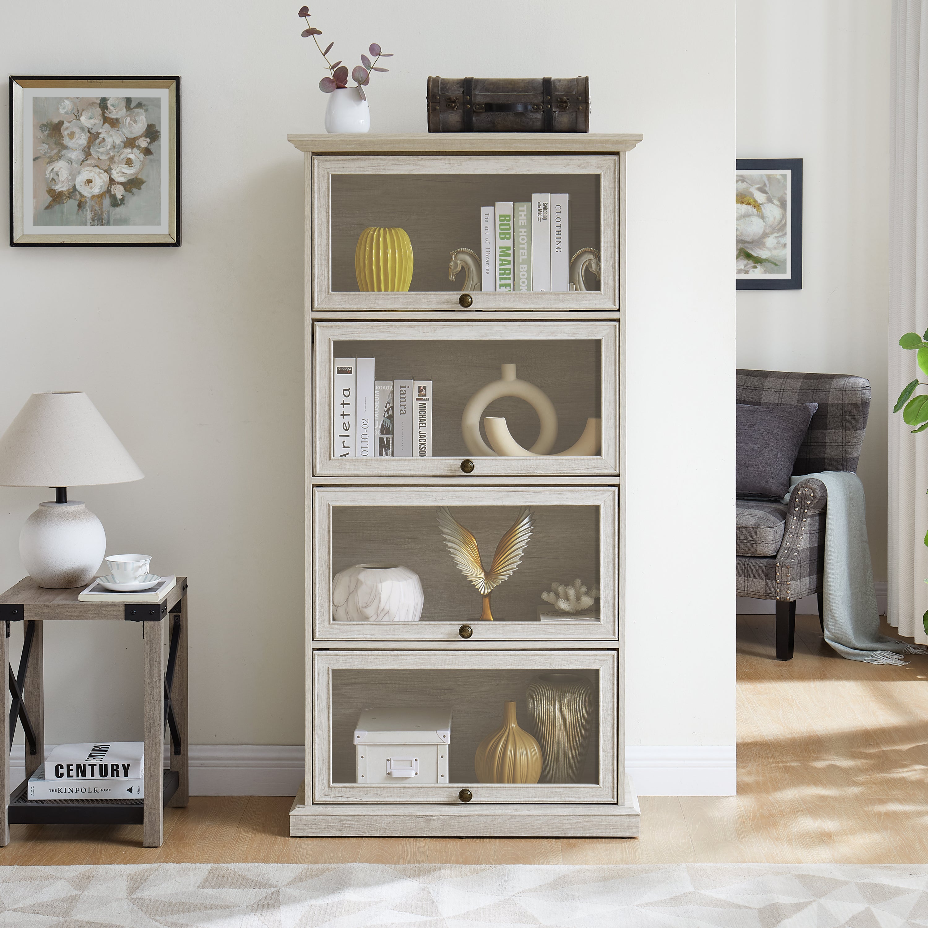 Glass Display Cabinet, White, 4-Tier Bookcase with Flip-Up Doors