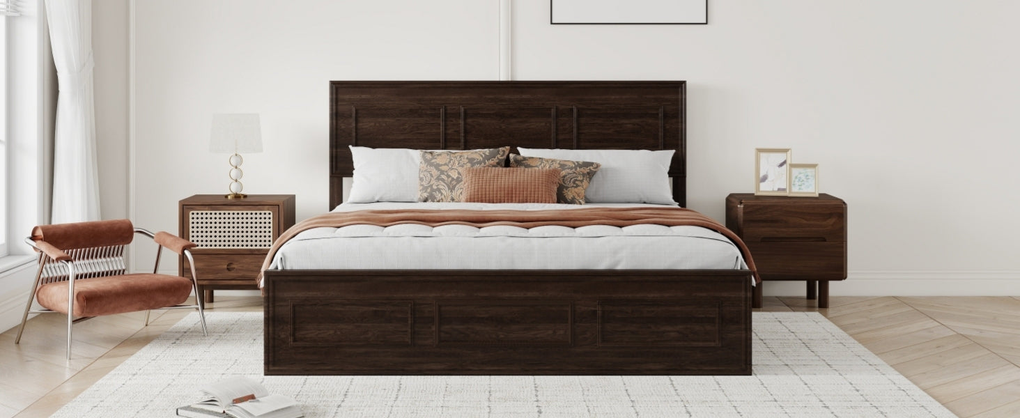 Front cropped view of rich brown queen panel bed with white and rust bedding #Color_Rich Brown