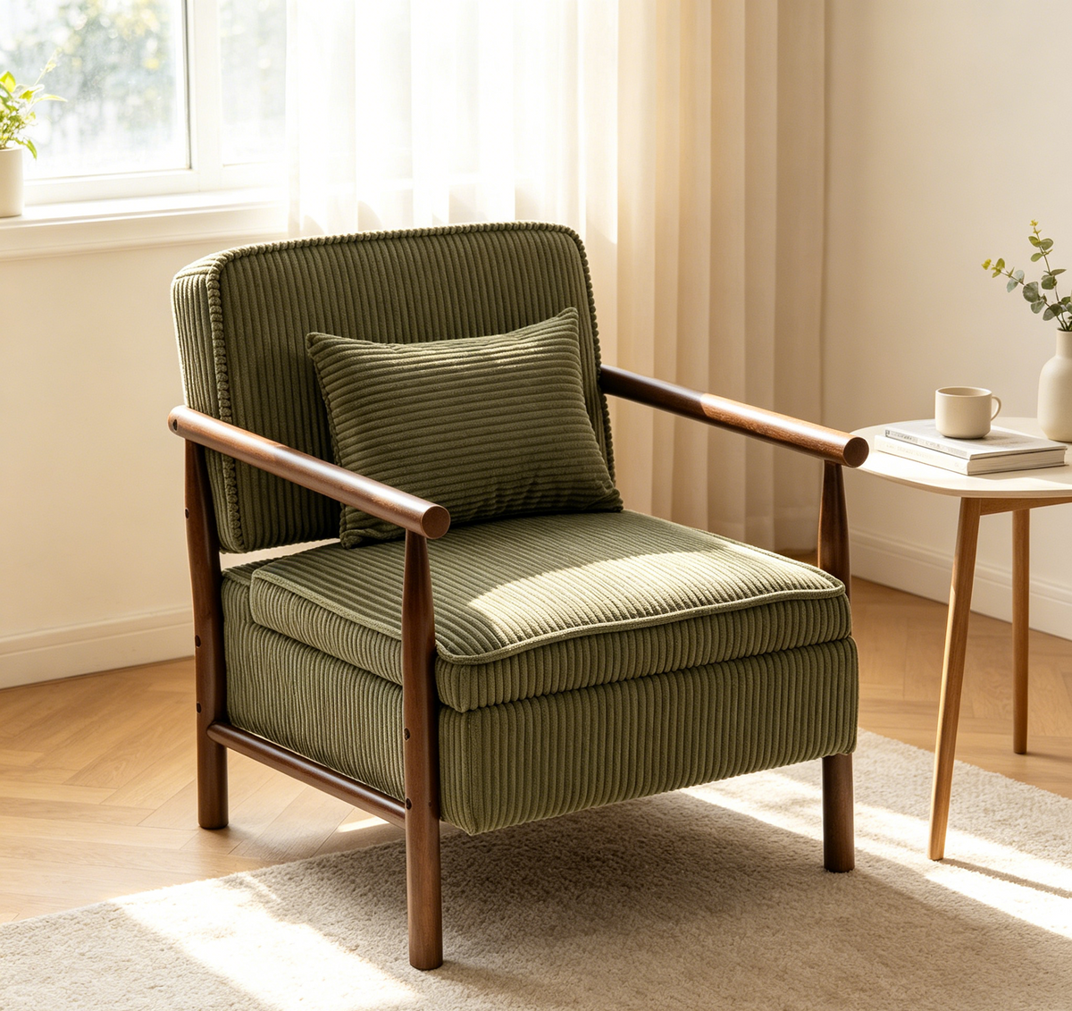 Green Corduroy Accent Chair with Storage