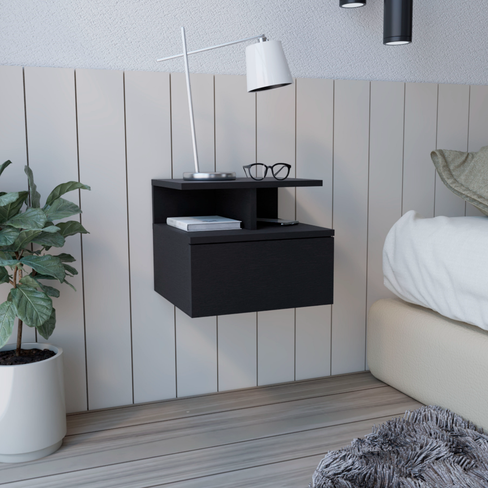 Wall Mounted Floating Nightstand with Drawer, Black