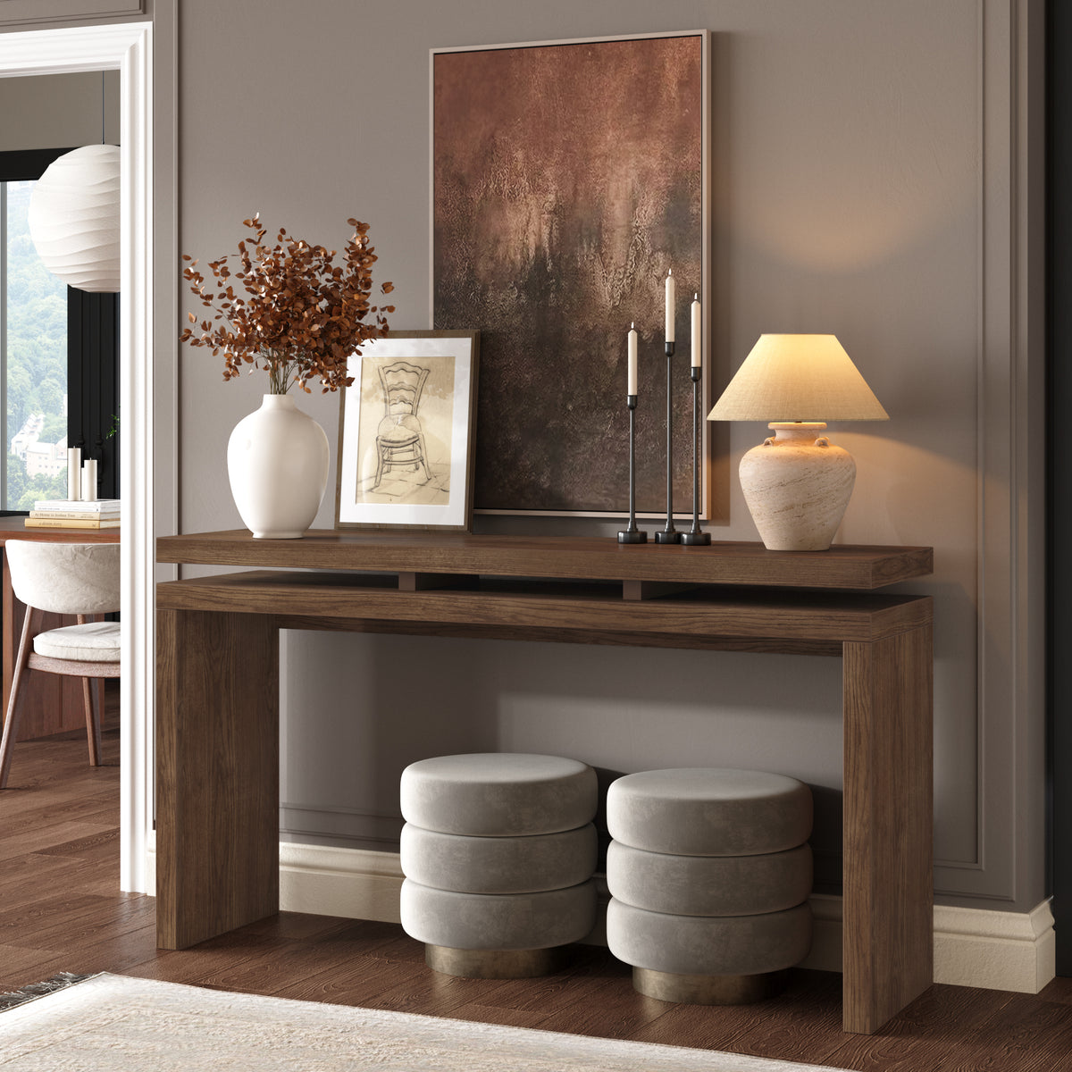 Brown Entryway Console Table with Storage, 59.8 in Wide, Farmhouse