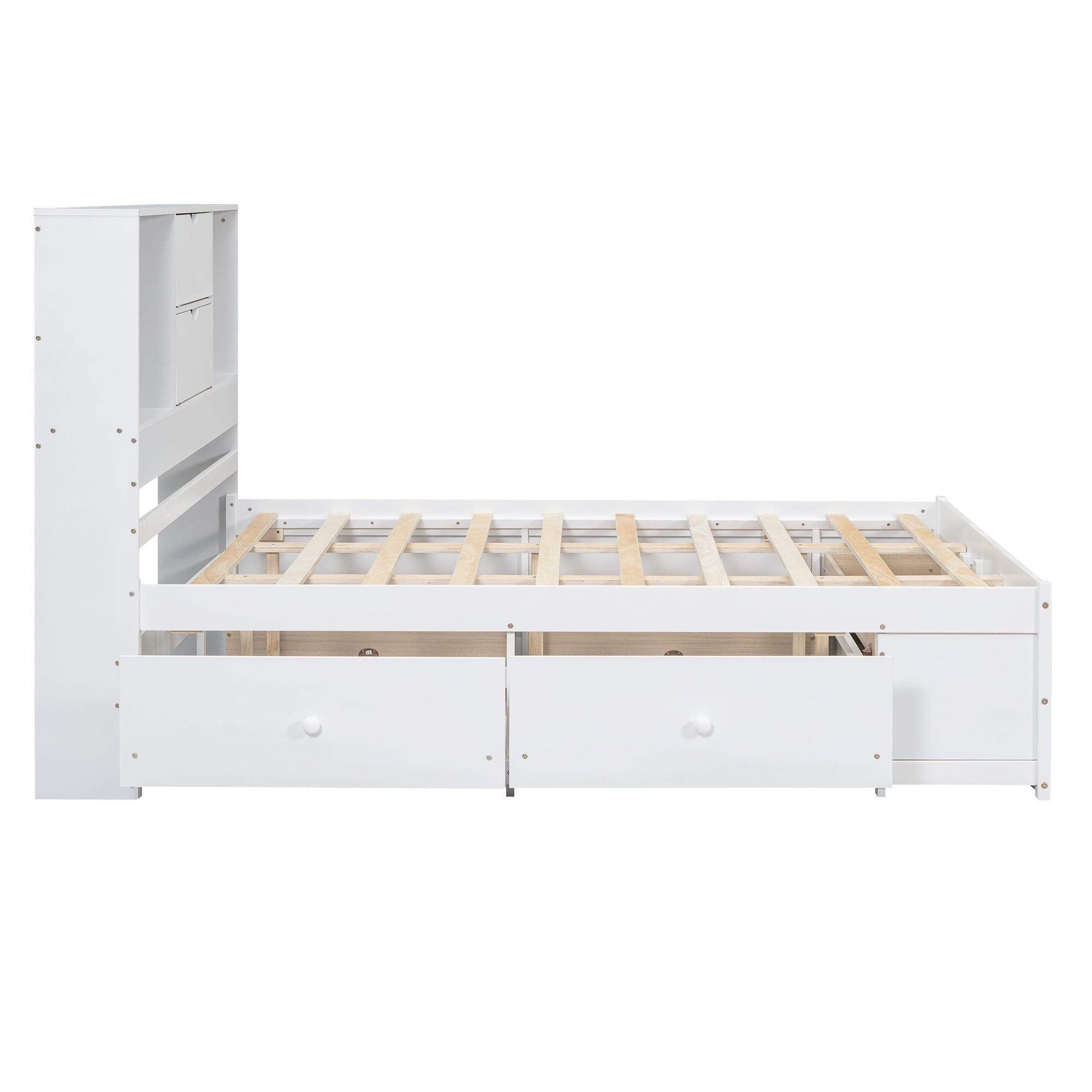 Bare side view of the white queen storage bed showing bookcase headboard and a side drawer open