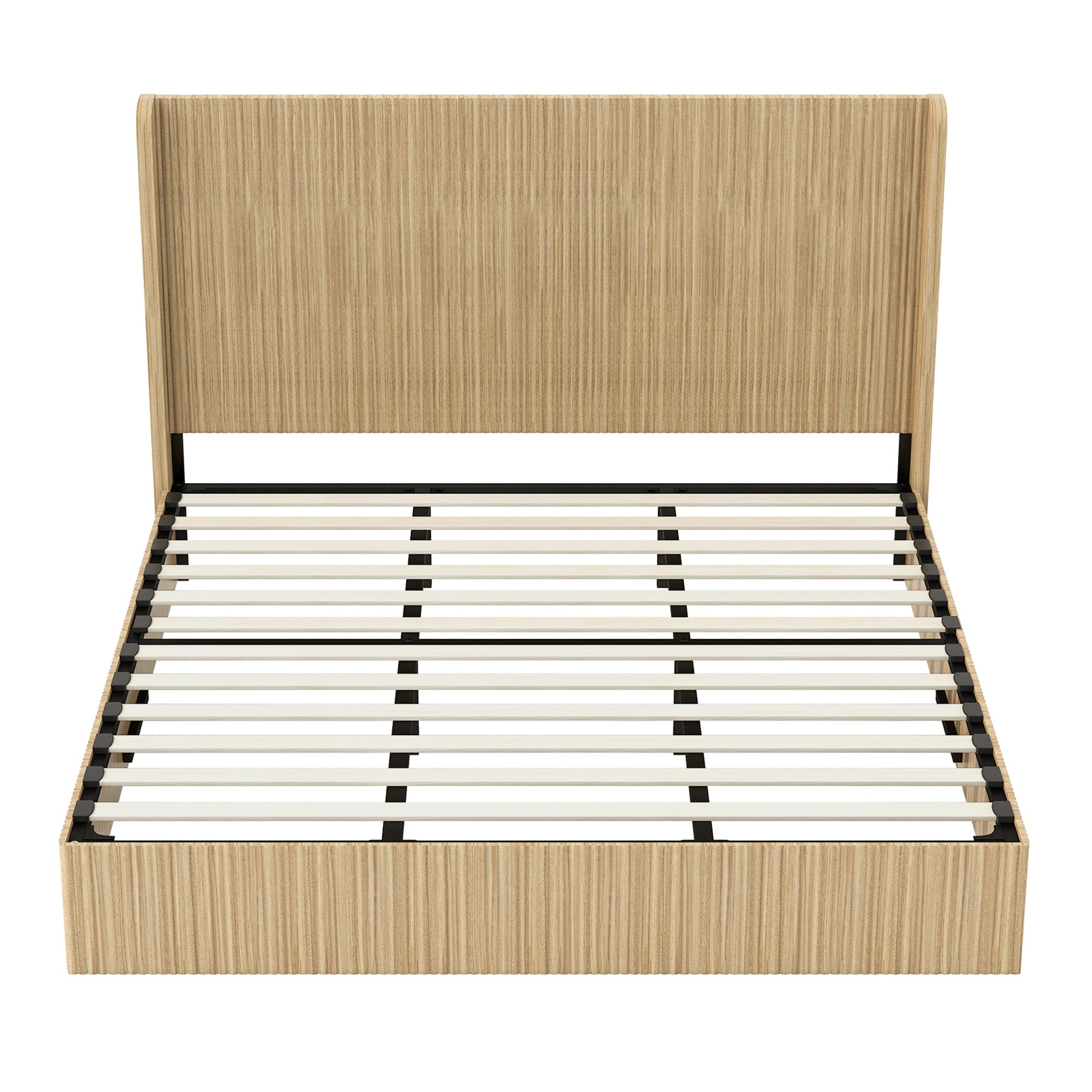 Front view of king bed frame showing wood slat mattress support