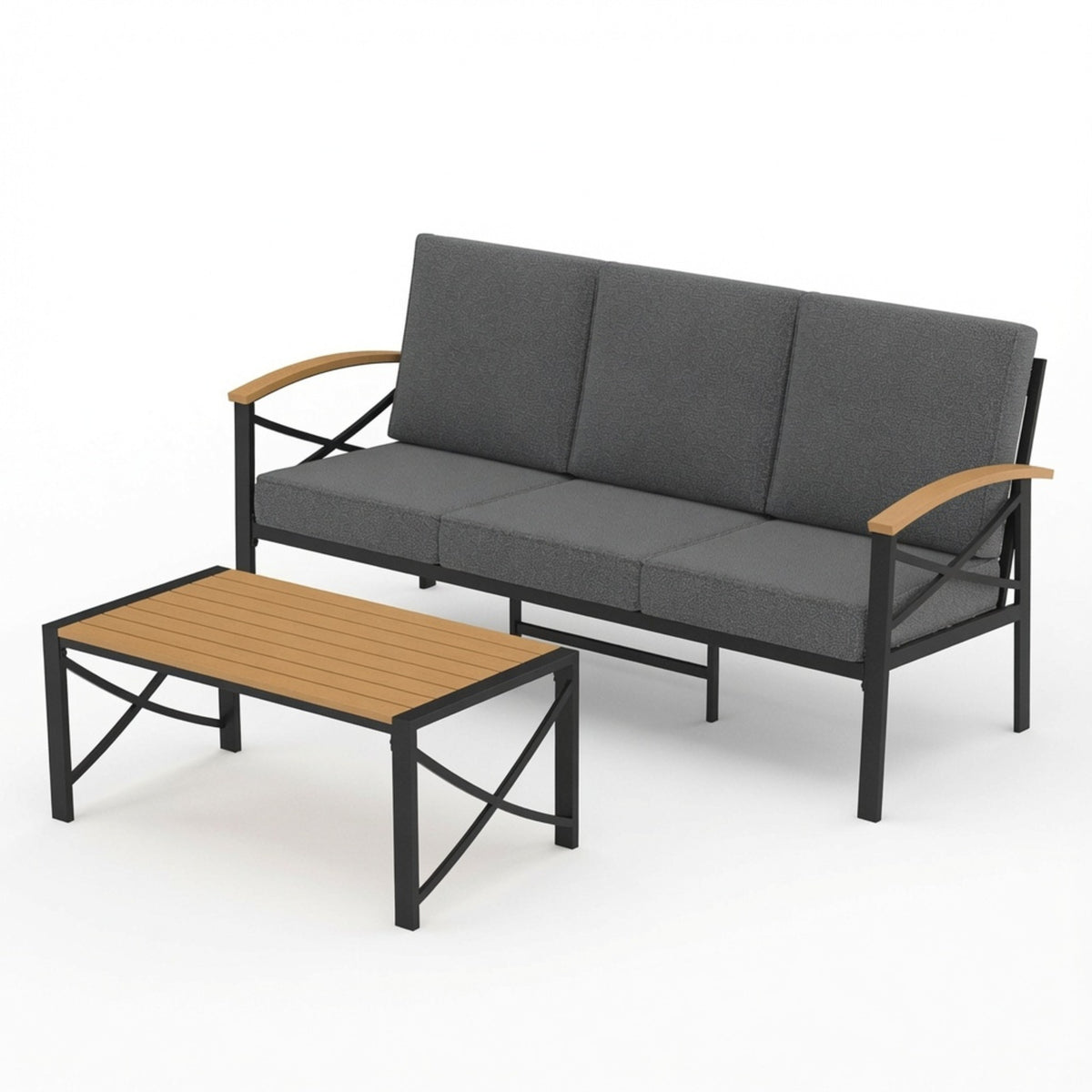 Black Metal 2-Piece Outdoor Sofa Set for 3, Gray Cushion