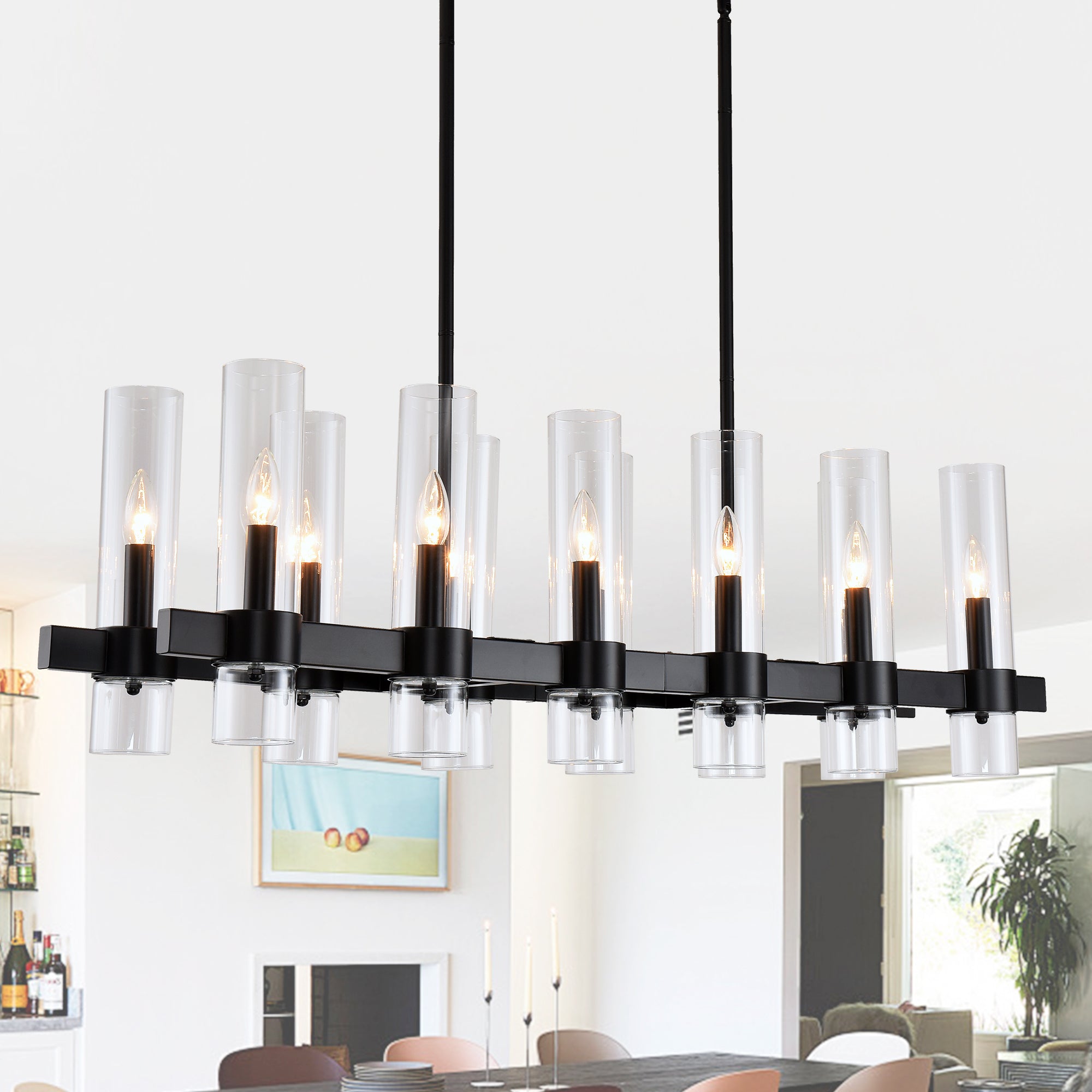 Chandelier, 12-Light Linear Glass Shade Wood Accent in Matte Black
