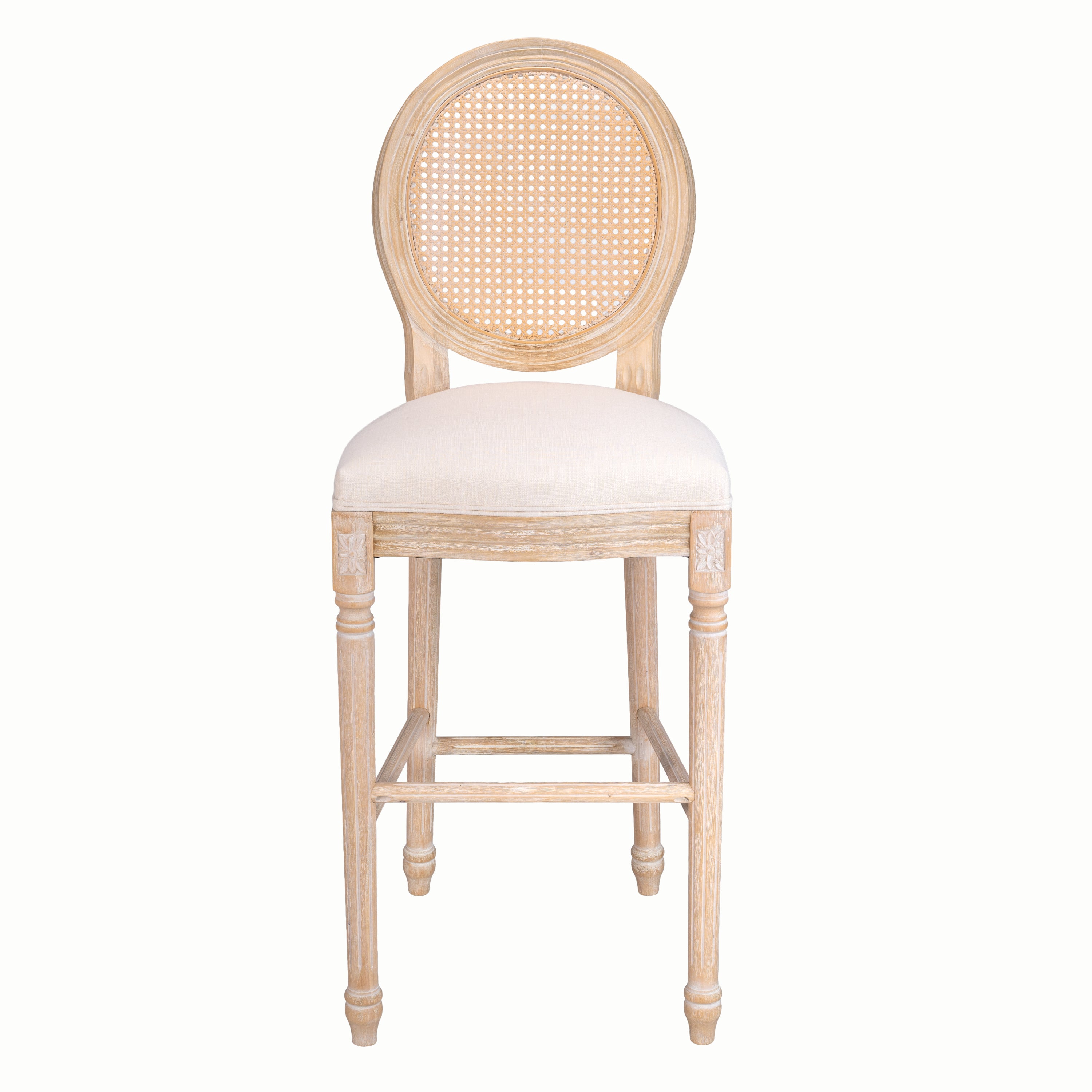 Bar Stool Set of 2, French Country Round Cane Back, Cream Linen