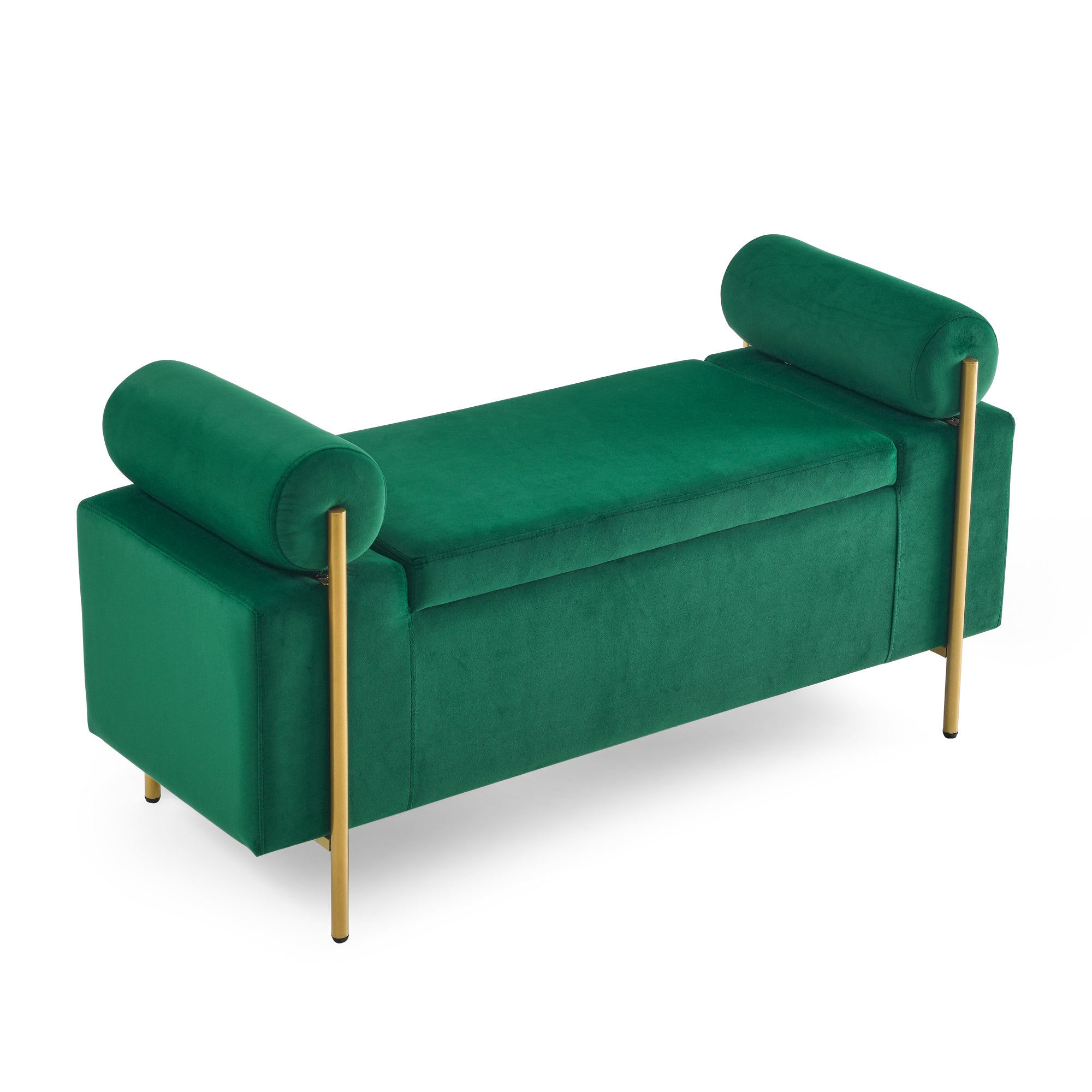 Velvet Storage Bench, Green with Bolster Arms and Gold Legs