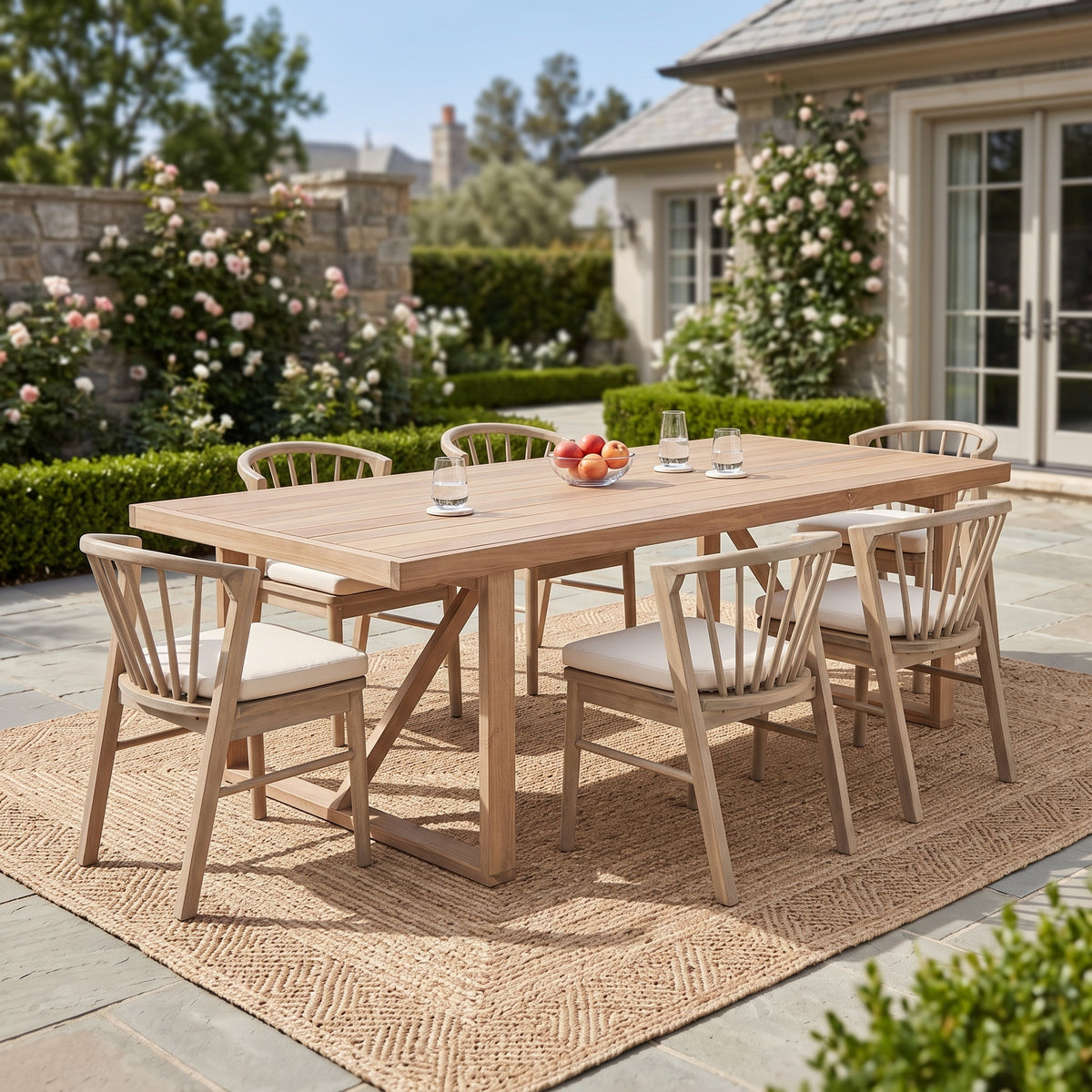 White Solid Wood 7-Piece Patio Dining Set for 6 with Cushions