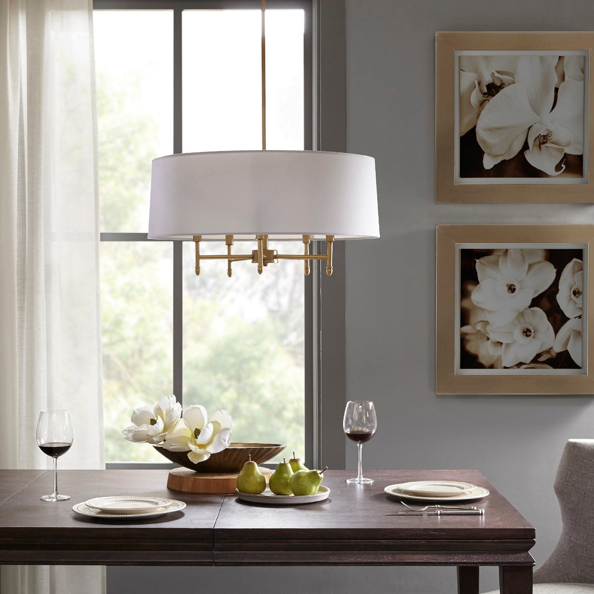 Chandelier with Fabric Drum Shade, 5-Light, Gold