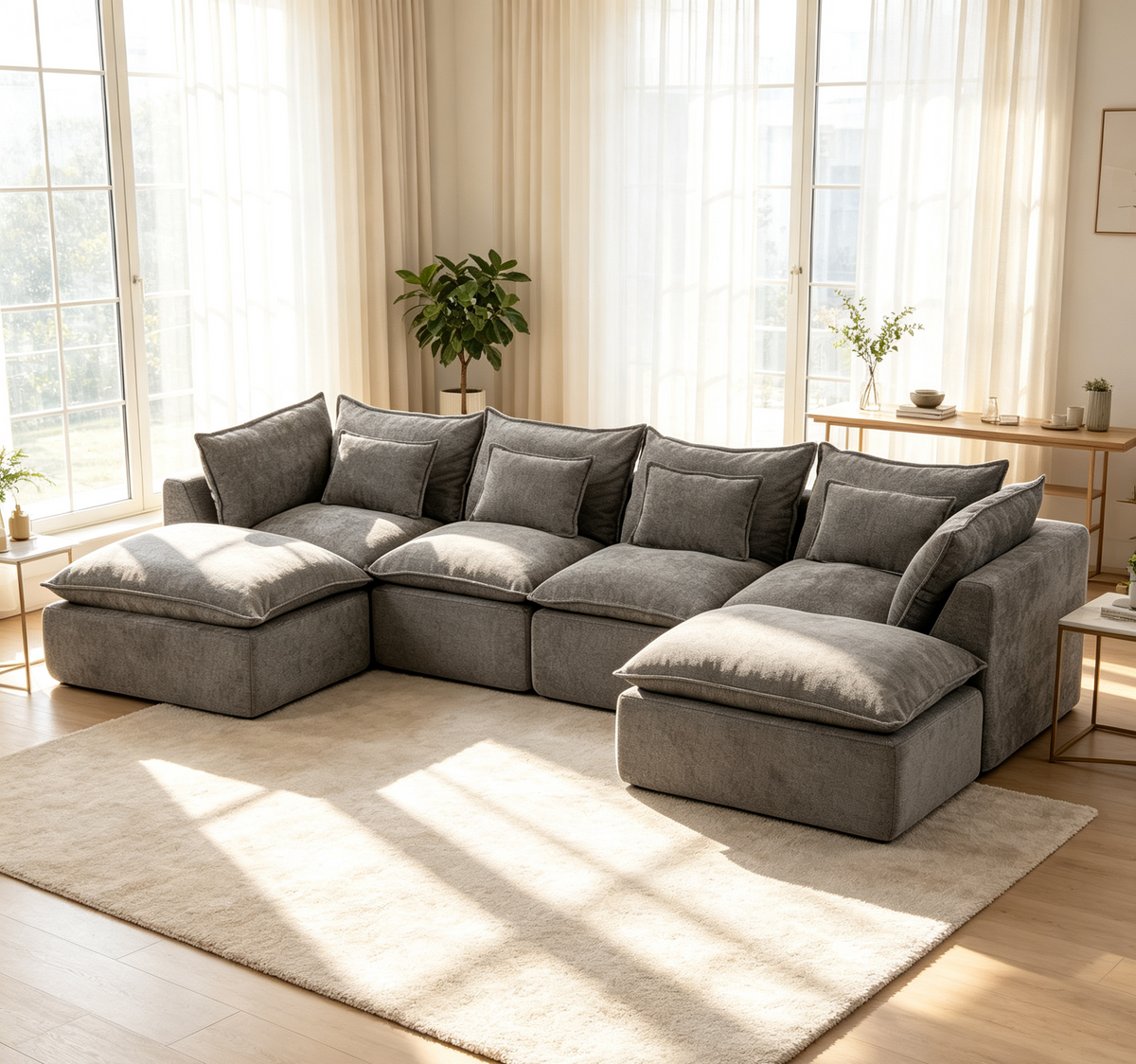 Gray Modular Sectional Couch with 2 Ottomans, 129.8 in Wide