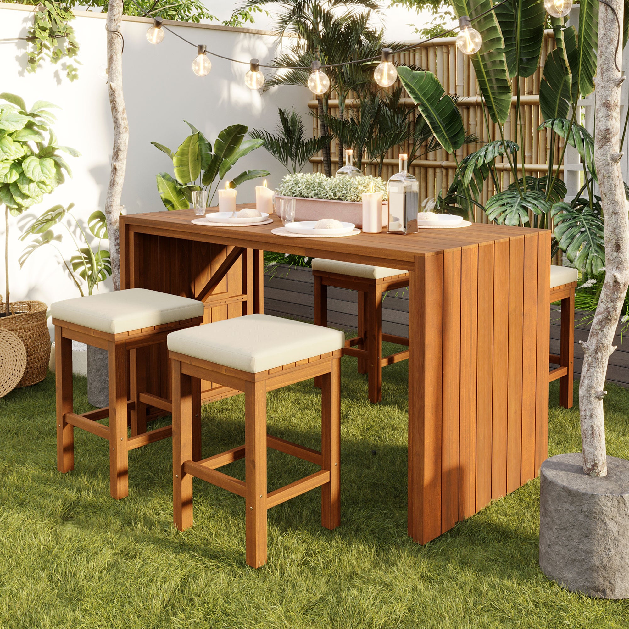 5-Piece Outdoor Bar Set, Acacia Wood Table with 4 Cushioned Stools