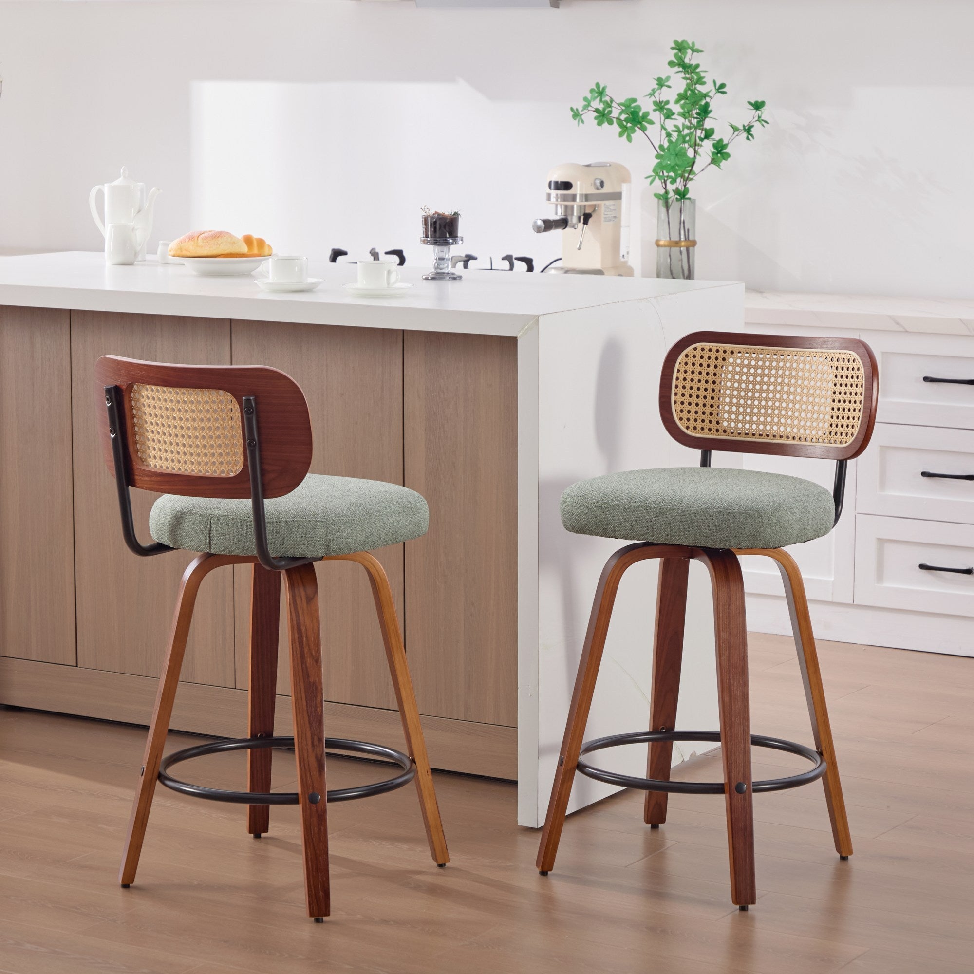 Cane-Back Counter Stool Set of 2, Sage Green Linen, Walnut Swivel