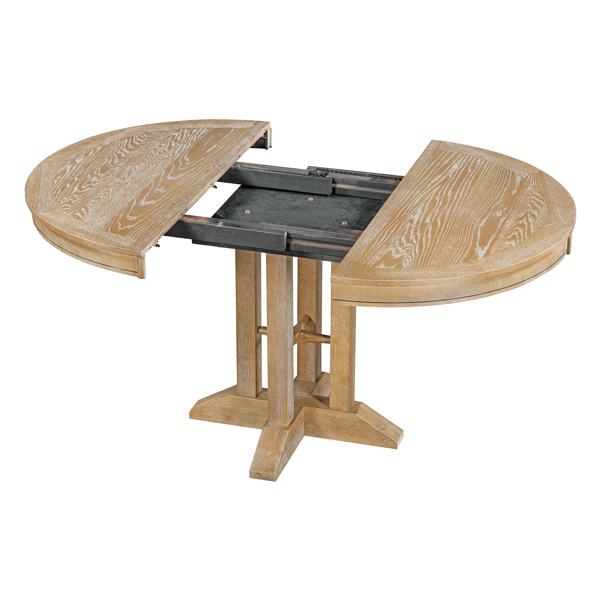 Underside of the extended oval tabletop showing latches and slide rails