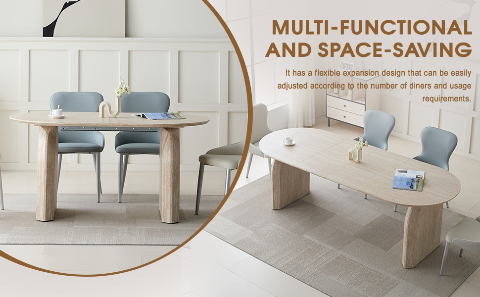 Multi-functional graphic showing two views of the off-white oval extendable table