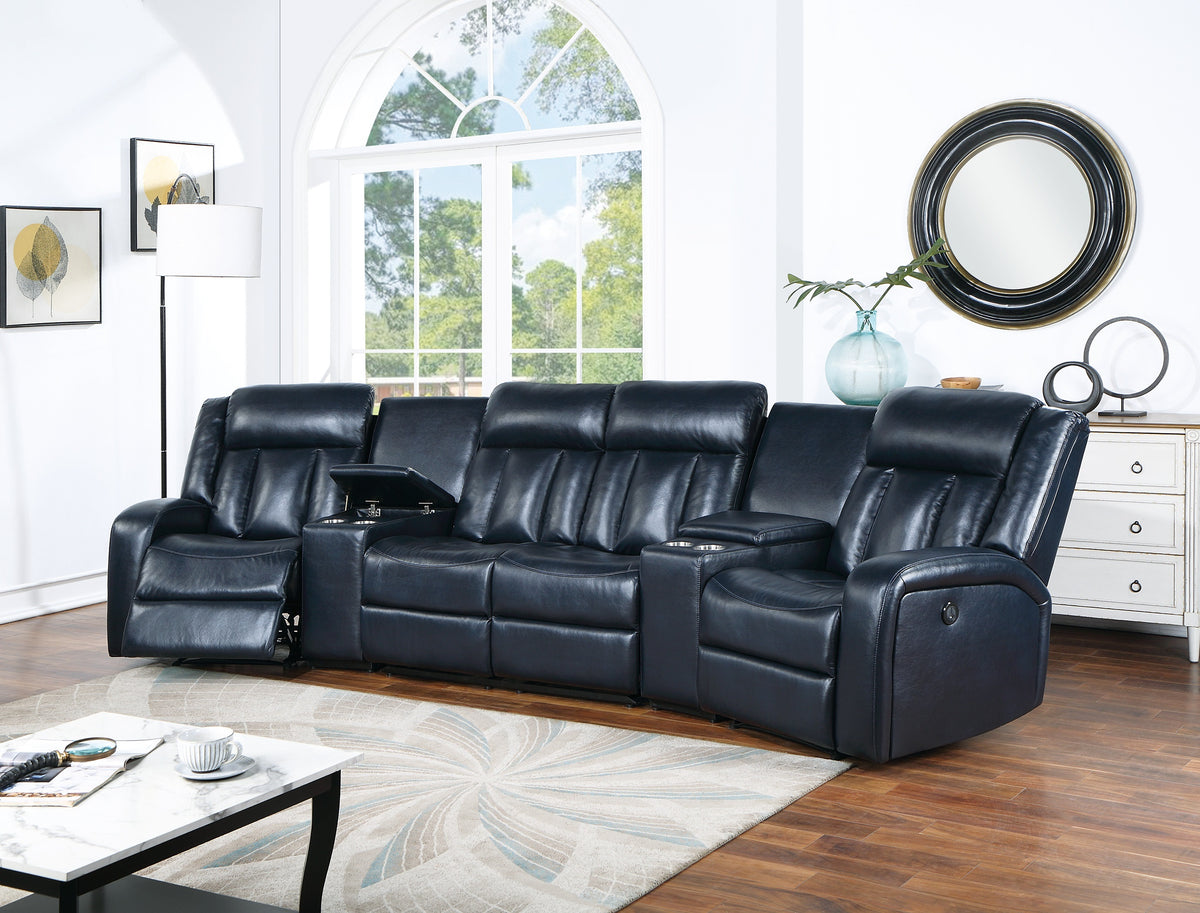 Navy Blue Bonded Leather Reclining Sectional with Console, 138 in Wide