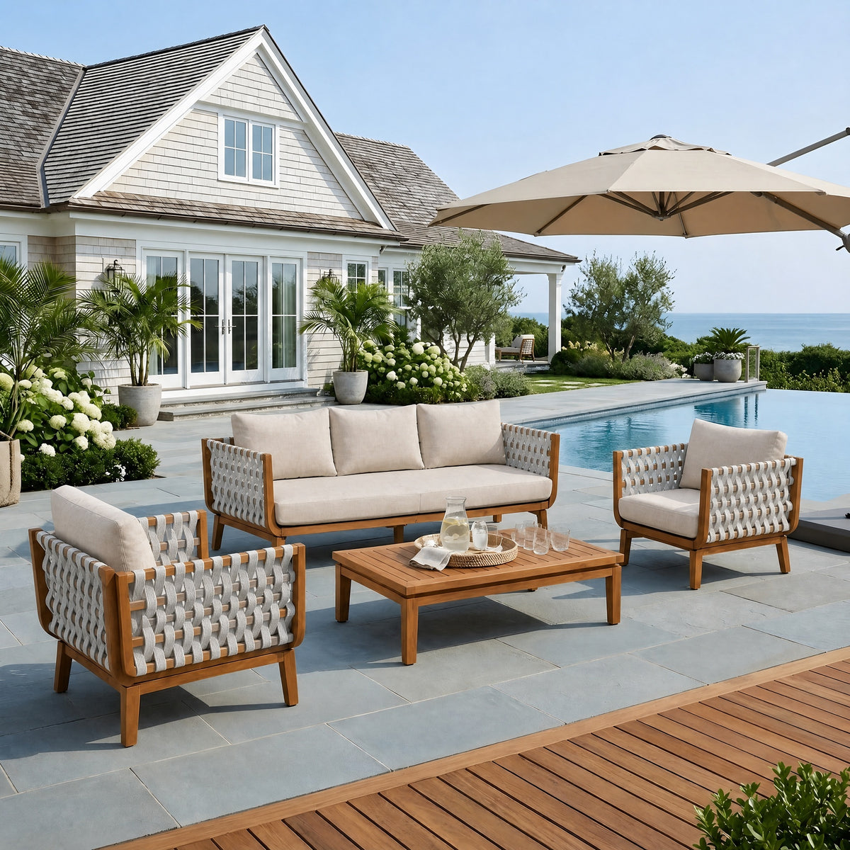 Teak Finish Solid Wood 4-Piece Outdoor Sofa Set for 5 with Cushions