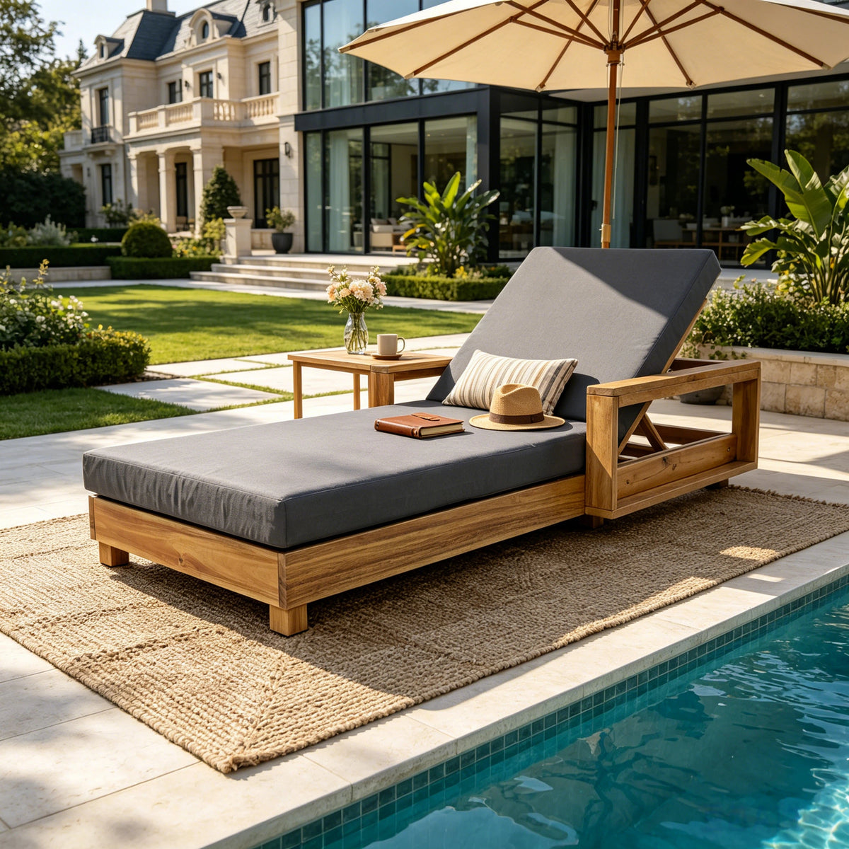 Natural Solid Wood Outdoor Chaise Lounge, Dark Gray Cushion, 2-Fold Cushion