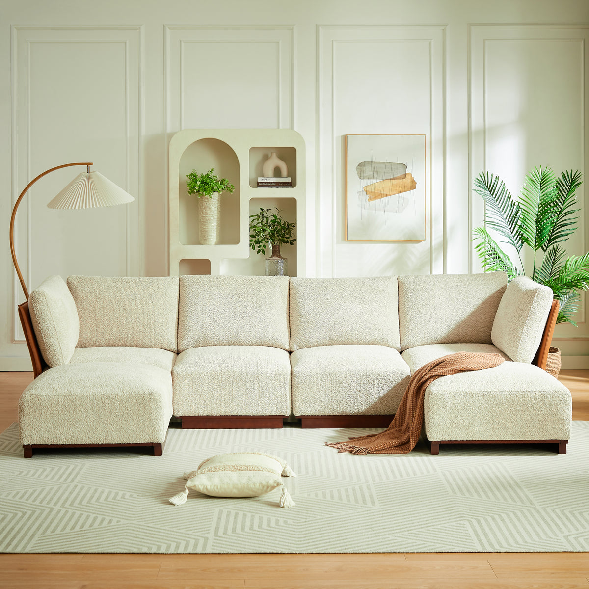 Boucle U-Shaped Modular Sectional Couch with 2 Ottomans, 122 in Wide