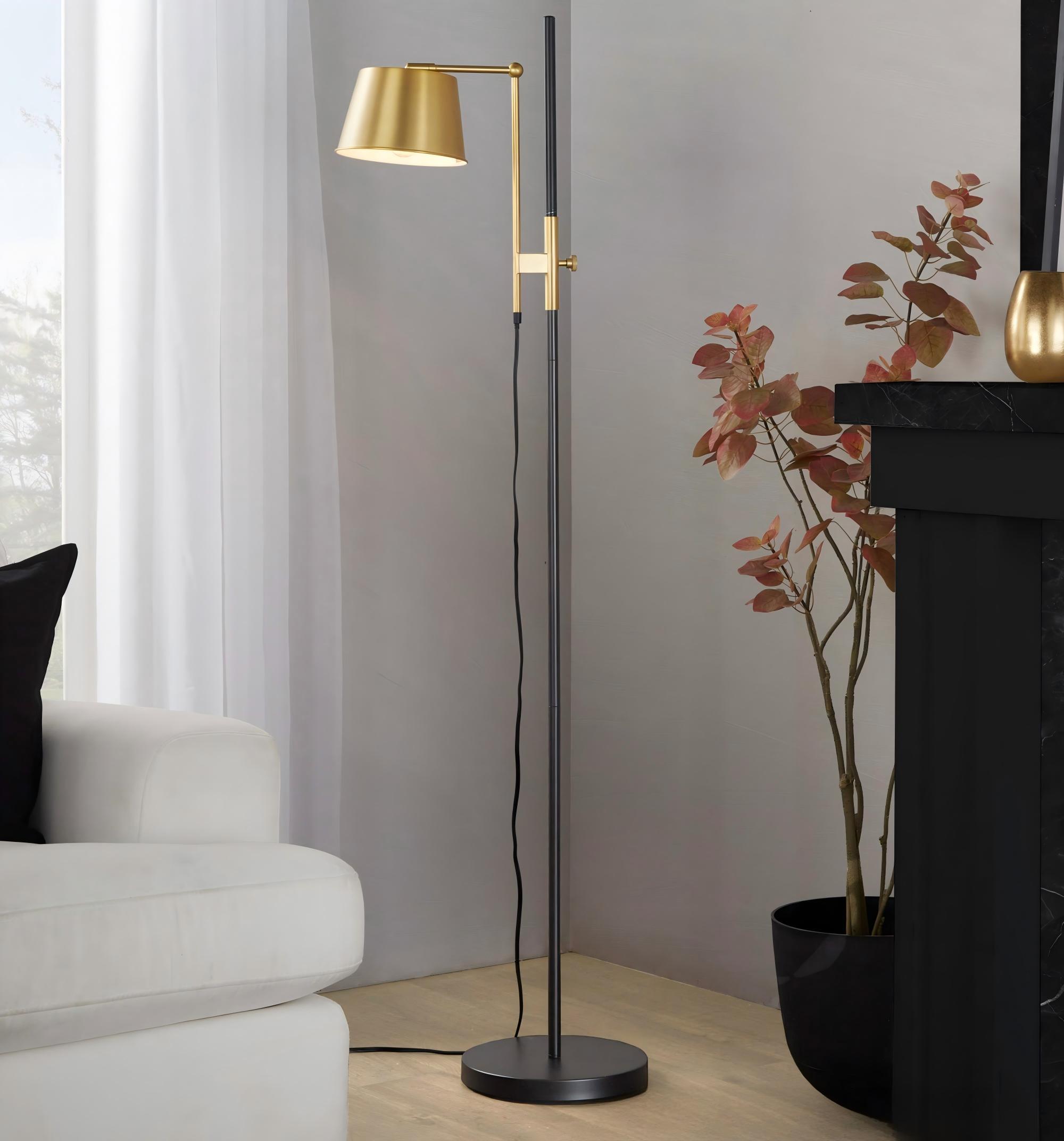 Floor Lamp with Foot Switch in Black and Antique Brass