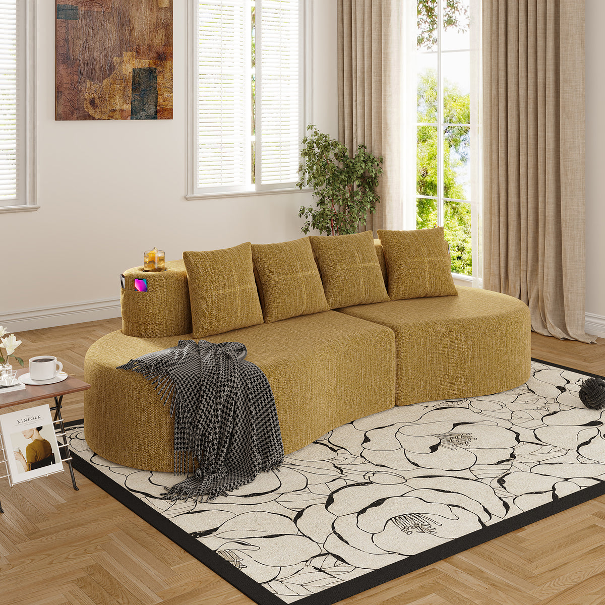 Mustard Yellow Chenille Modular Sectional Couch, 94.5 in Wide