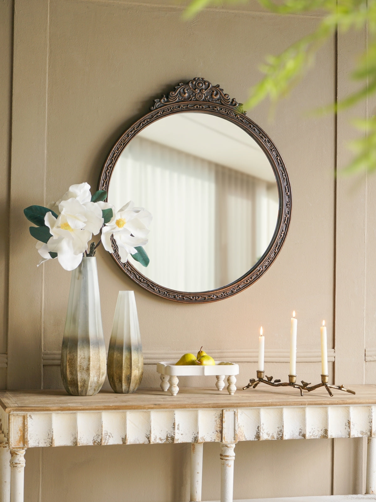 Antique Round Vanity Mirror with Carved Floral Crown, 31.5 In