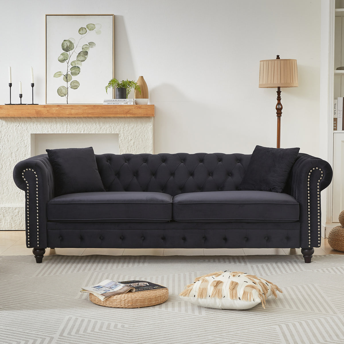 Black Velvet 3-Seat Chesterfield Sofa, 85.5 in Wide