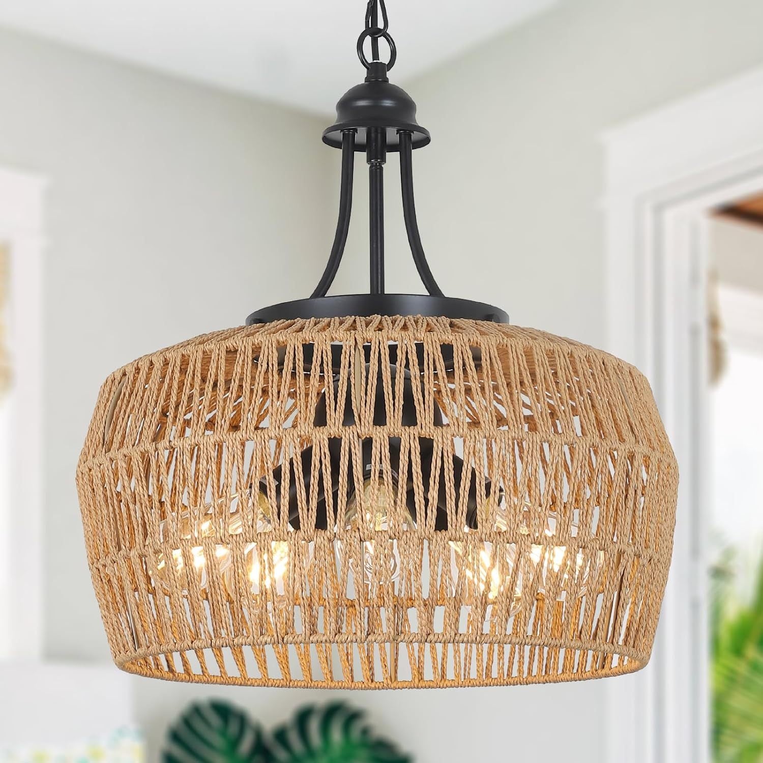 Rattan Chandelier with 5 Dimmable Lights, Brown