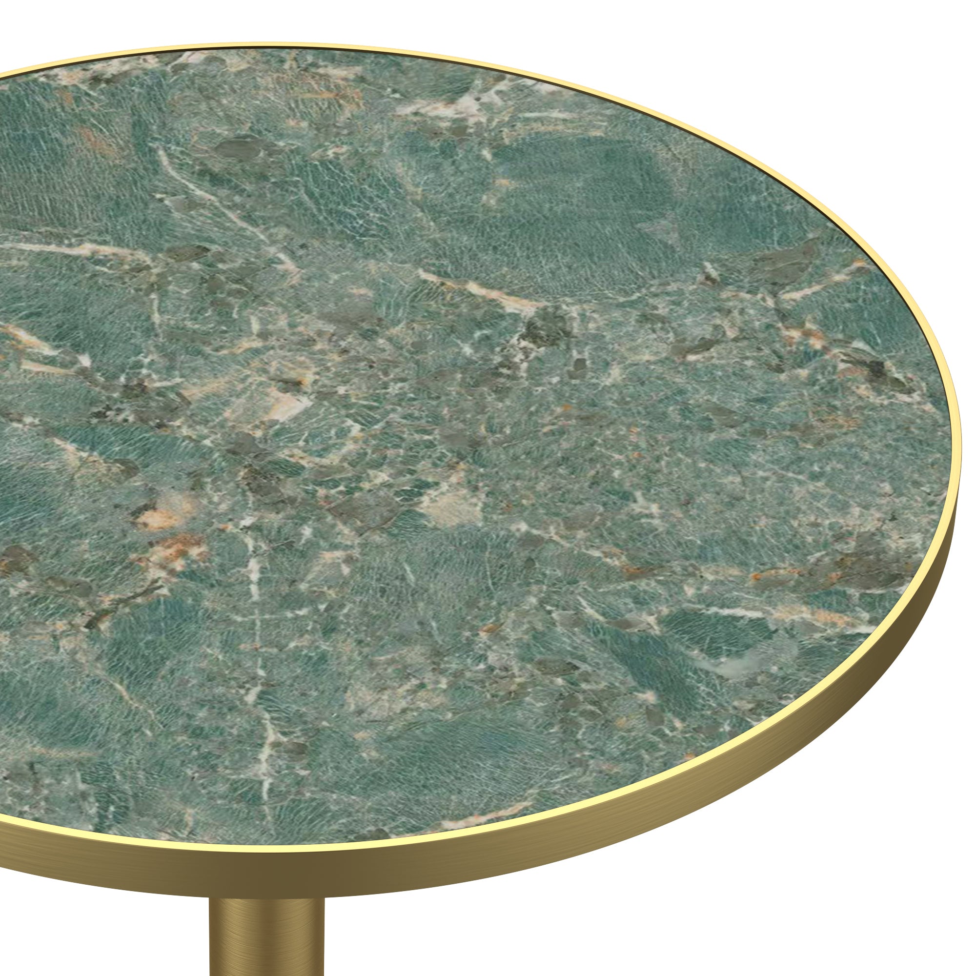 Close-up of green marble-look sintered stone tabletop and brushed gold edge trim