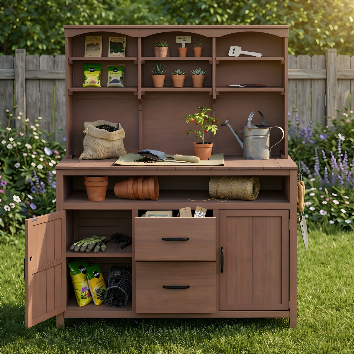 Brown Solid Wood Potting Bench, 65 in Tall