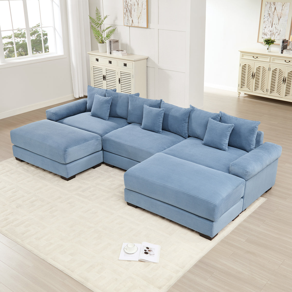 Blue Corduroy Modular Sectional with 2 Ottomans, 130 in Wide