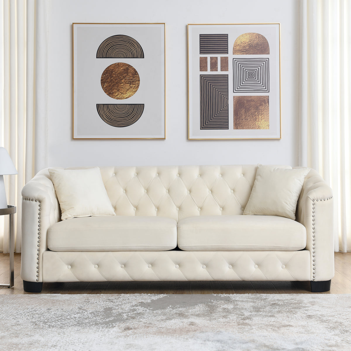 Beige Velvet 3-Seat Chesterfield Sofa, 77 in Wide