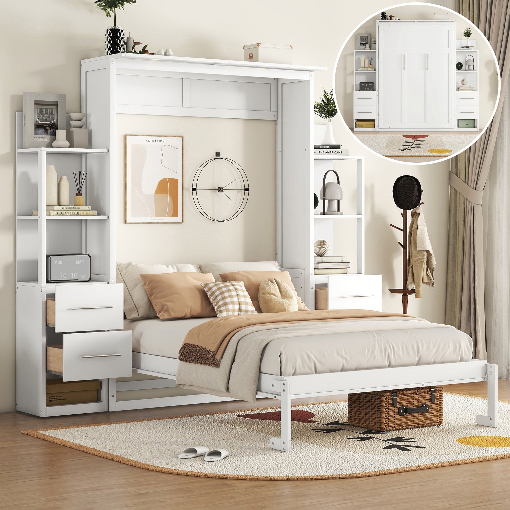 White Murphy Bed with 4 Drawers, Shelves and LED Lights