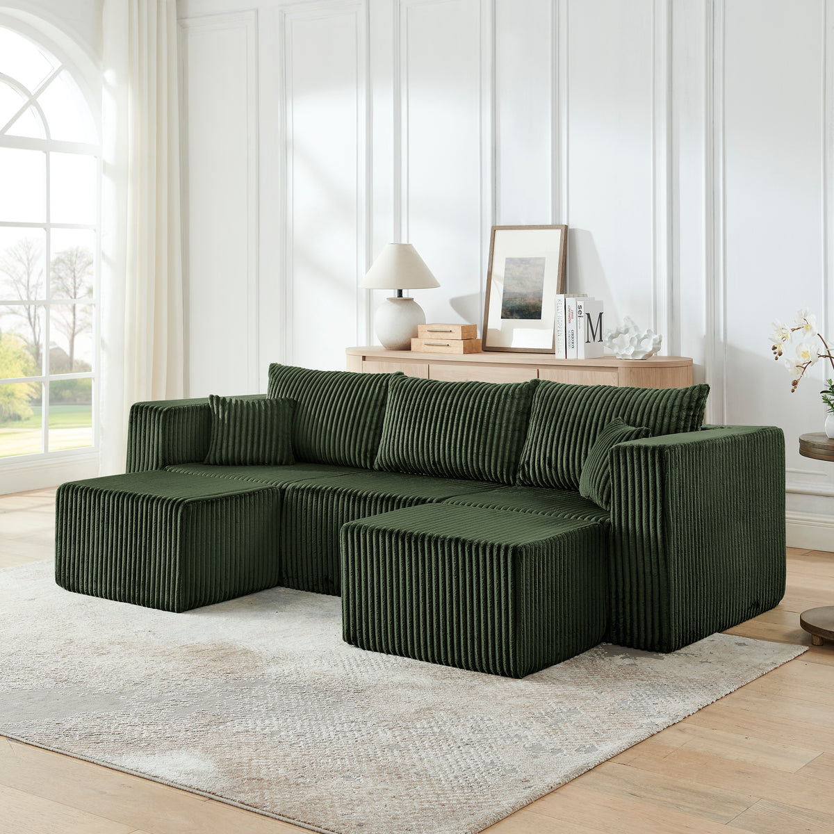 Green Corduroy Modular Sectional Couch with 2 Ottomans, No Assembly