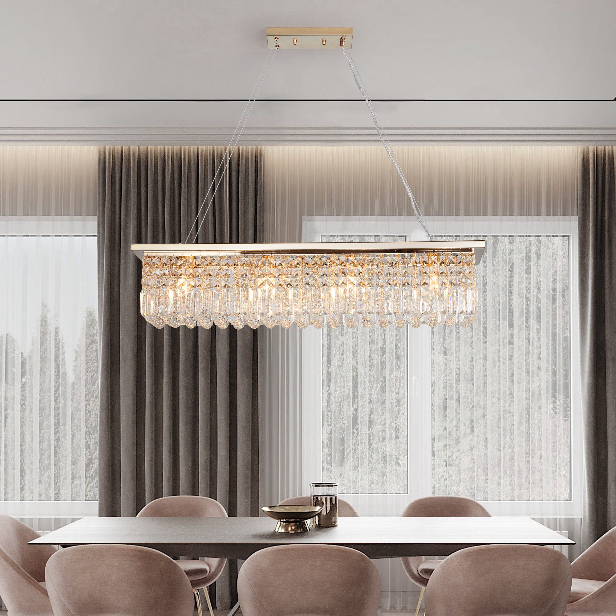 Chandelier, 8-Light Rectangular Crystal, Gold Finish
