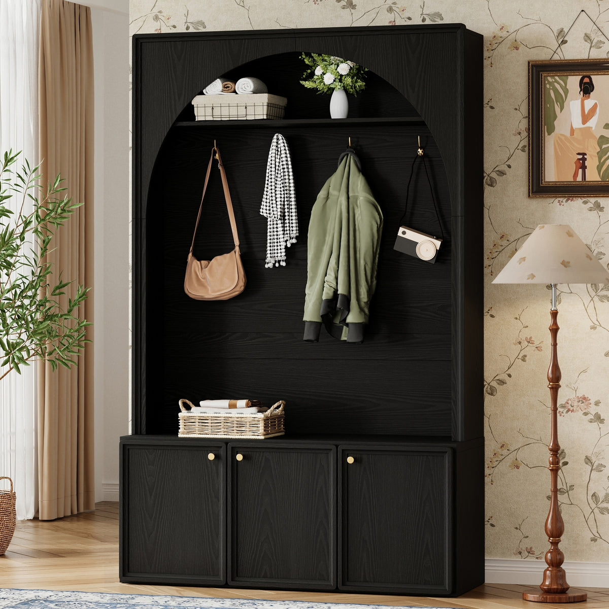Black Hall Tree with Bench, 48.7 in Wide