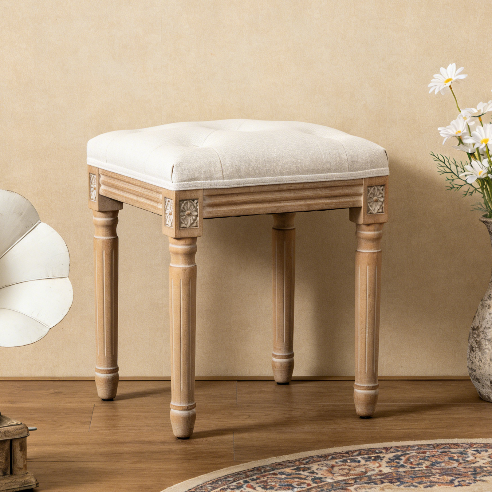 Tufted Linen Vanity Stool with Solid Wood Legs, Beige