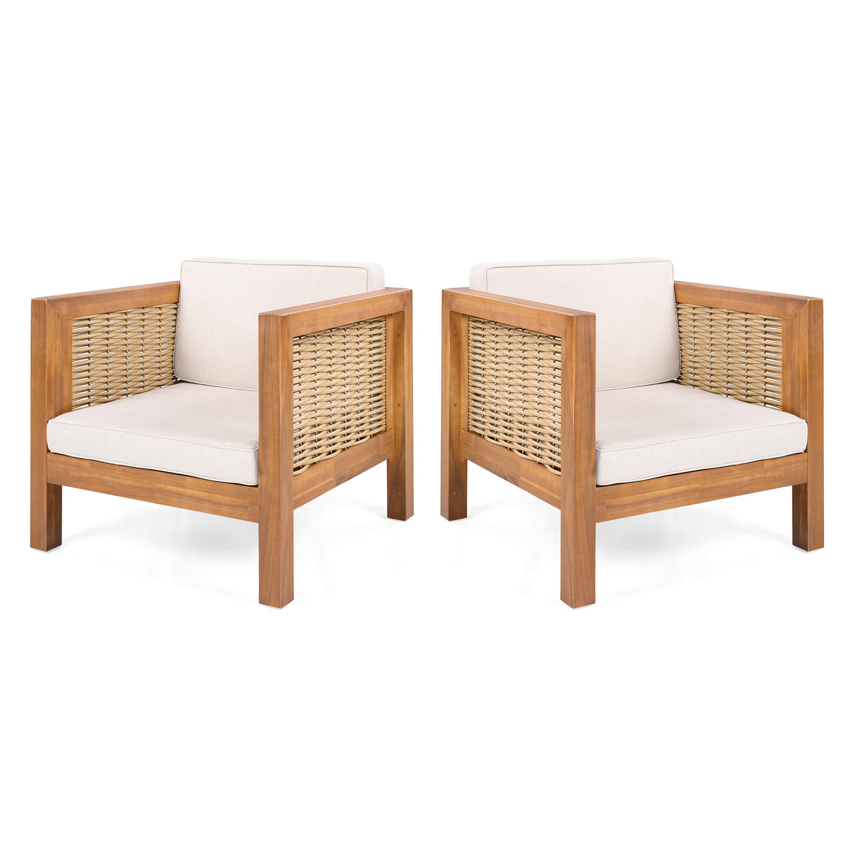 Teak Finish Solid Wood Outdoor Lounge Chair, Set of 2