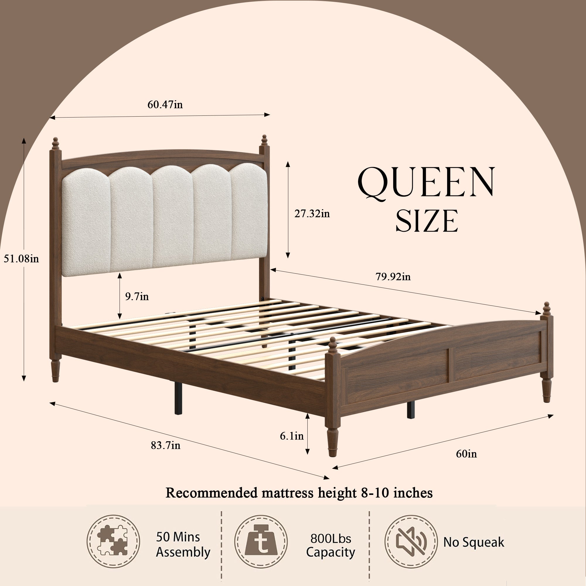 Dimension diagram of the vintage queen bed frame: 83.7 in long, 60 in wide, 800 lb capacity, 50-minute assembly