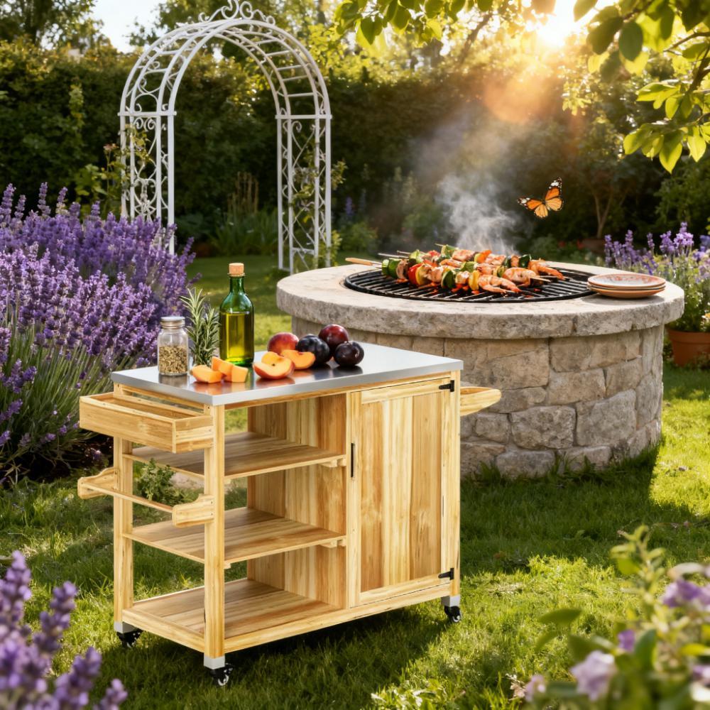 Natural Solid Wood Outdoor Kitchen Island with Wheels, 36 in Tall