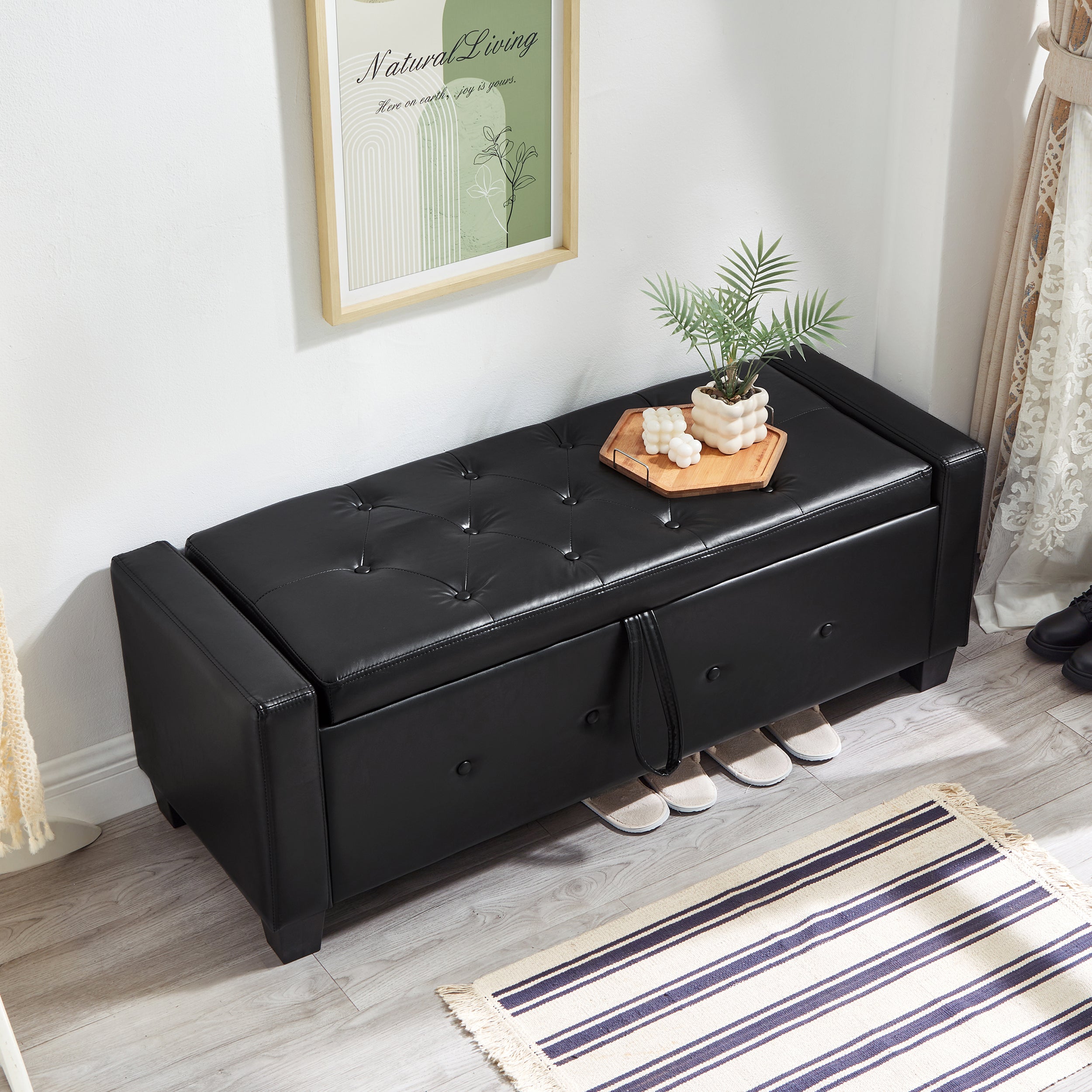 Vegan Leather Storage Bench 48 Inch, Black Tufted Flip-Top