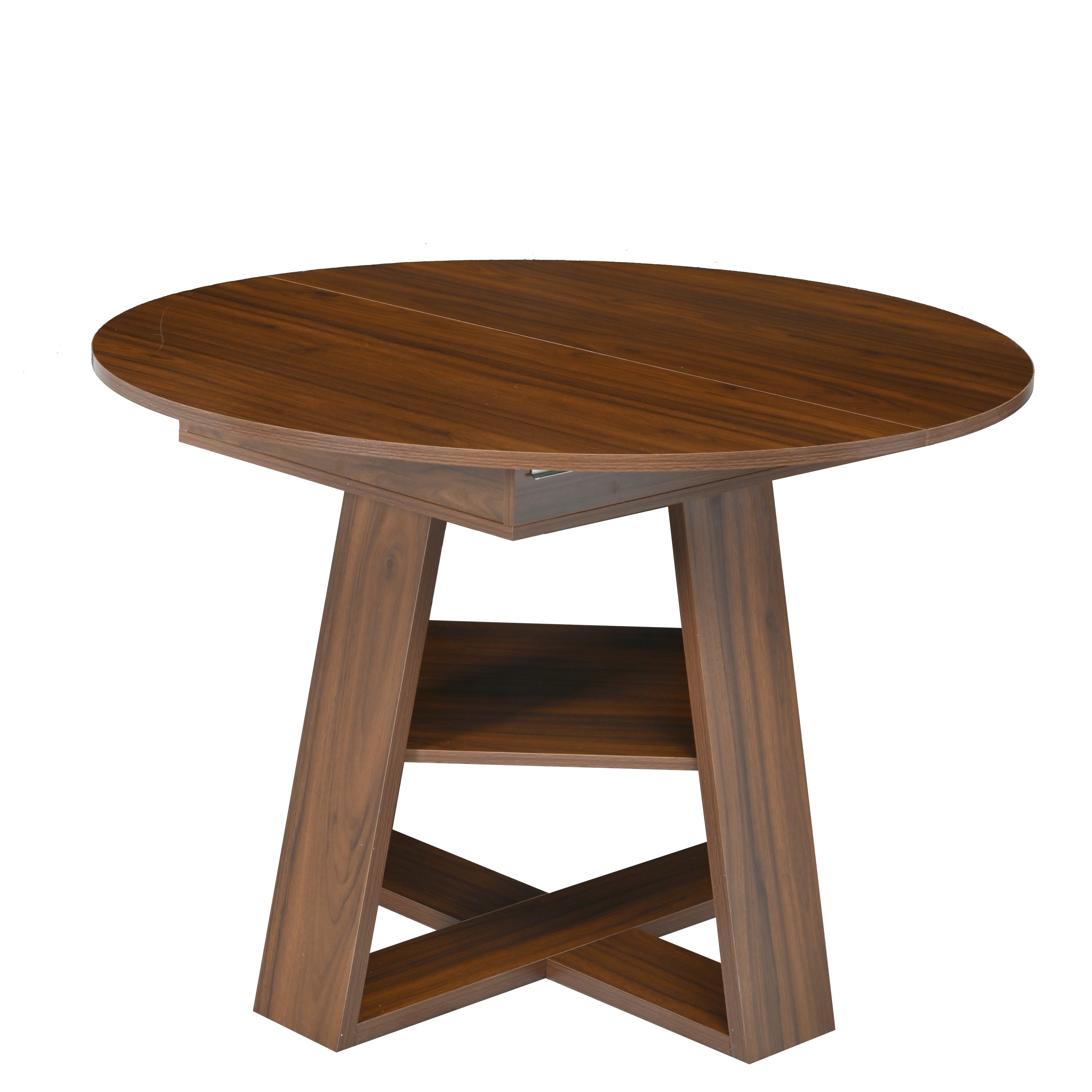 Three-quarter studio view of the compact walnut round table with lower shelf