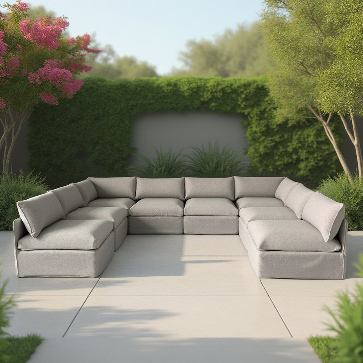 Gray U-Shaped Outdoor Sectional with Cushions, 137.8 in Wide