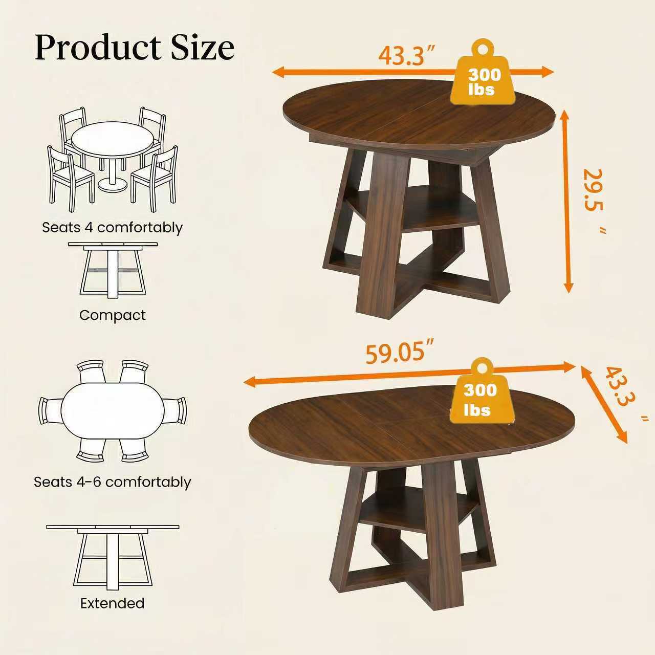 Dimension diagram, 43.3 inch round compact and 59.05 inch extended oval, 29.5 inch height