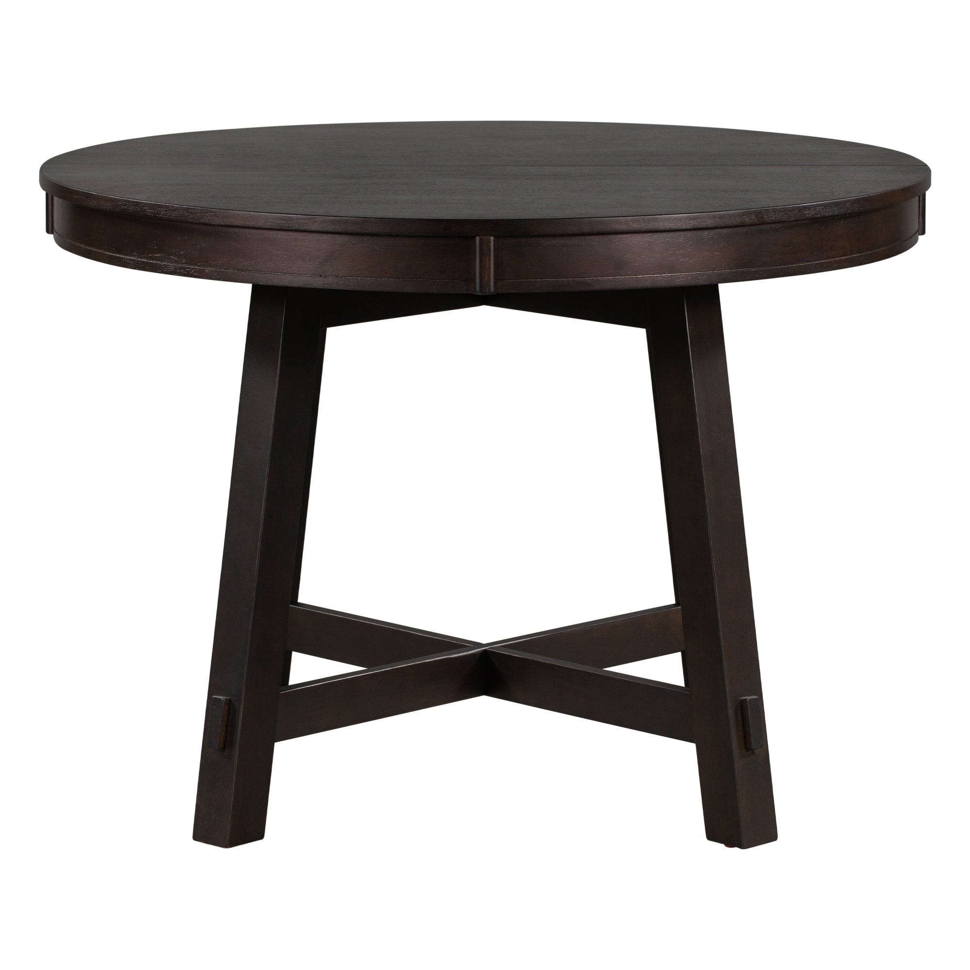 Espresso round dining table, front view on white studio background