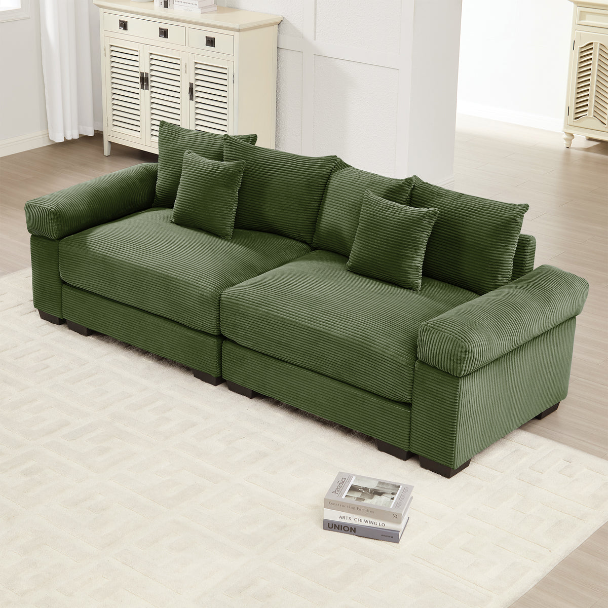 Green Corduroy Modular Sectional, 92 in Wide